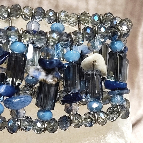 Dusty Blue Gray Faceted Glass Square Tube Beads Natural Stone Stretch Bracelet - Picture 4 of 7